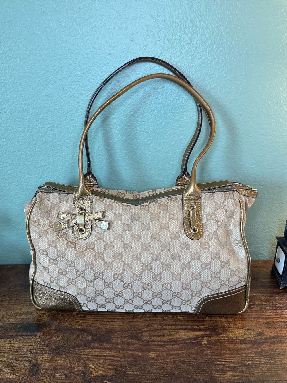 Authentic Gucci Y2K GG Canvas Gold Metallic Princy Tote | Entrupy COA
